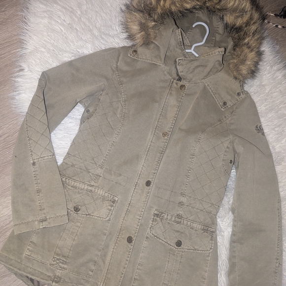 Guess Olive Utility Jacket with Faux Fur Hood - Picture 2 of 10